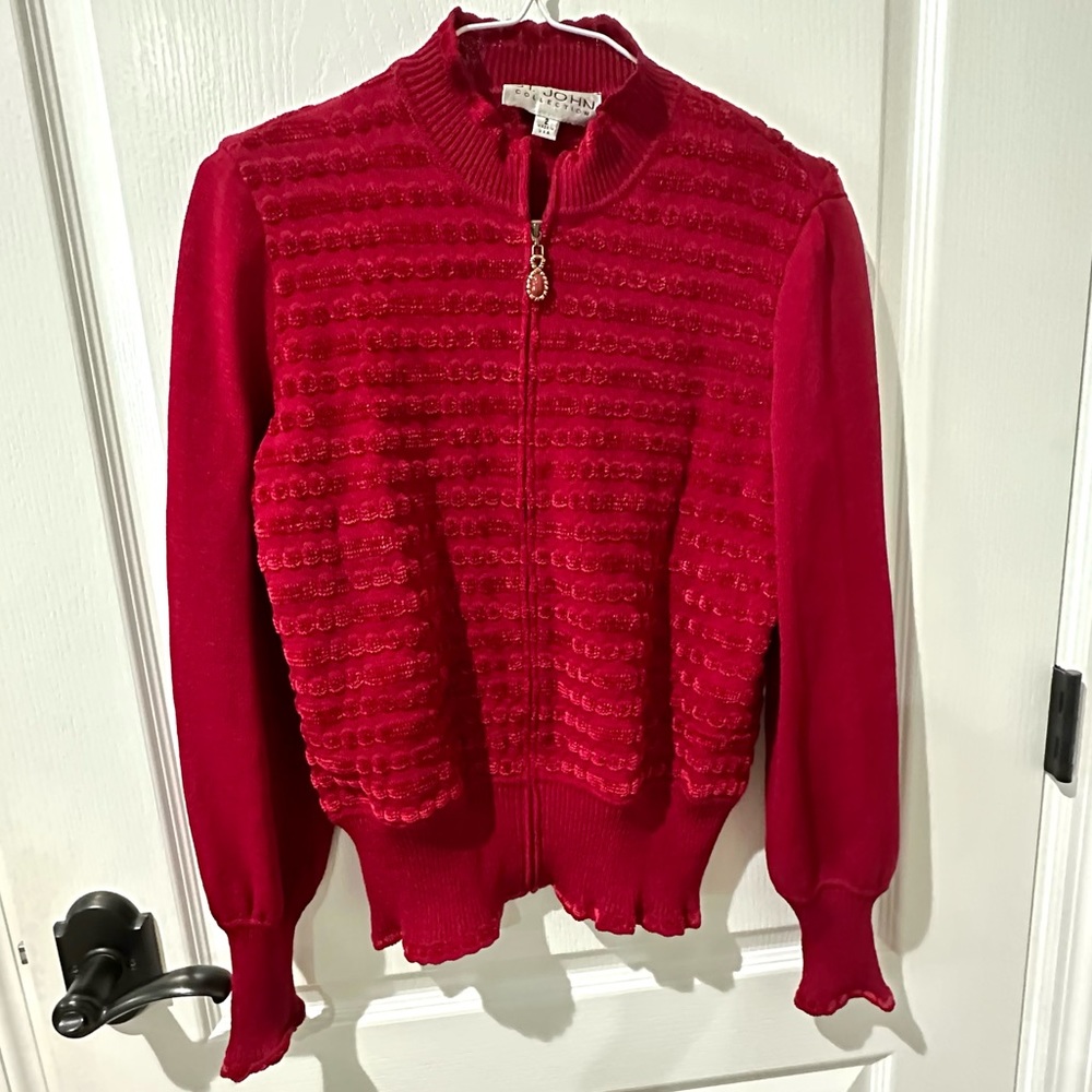 St John Red Zip Up Cardigan Sweater Sz 2